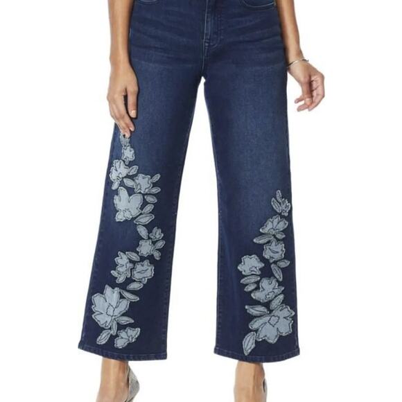 Diane Gilman Embroidered Frayed Wide Leg Jean Indigo 6 Tall Women - Picture 2 of 3